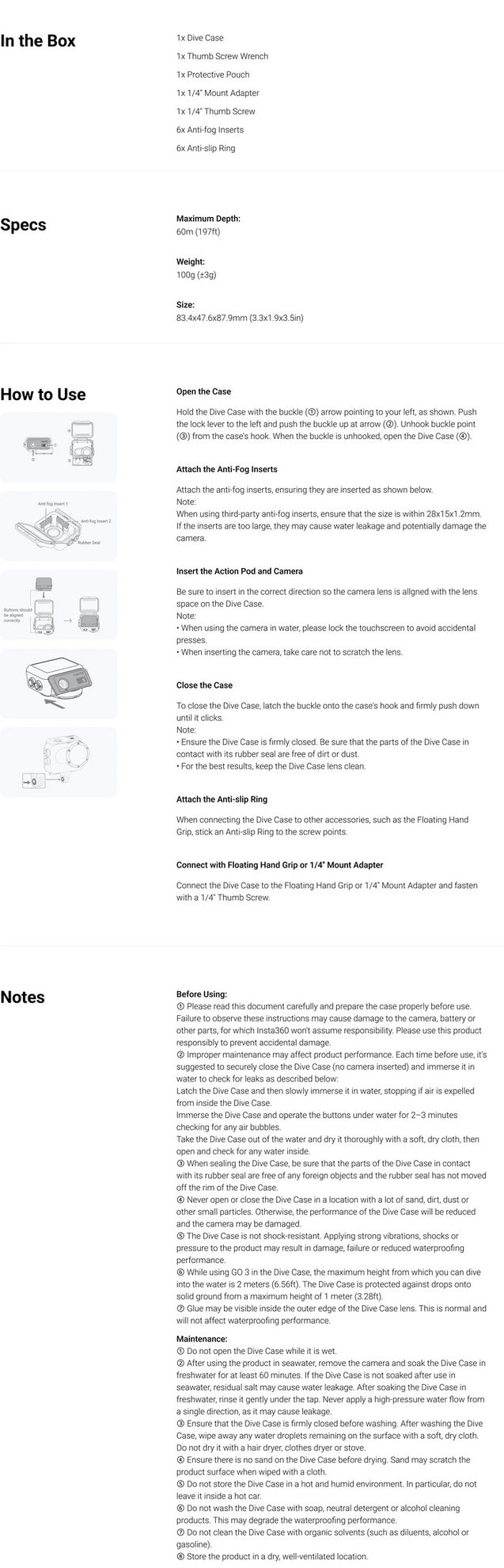 Insta360 Go 3 Dive Case Spec