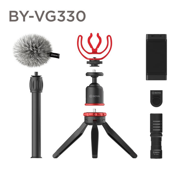 BOYA BY-VG330 universal smartphone video kit ideal for youtuber vlogger videographer filming video shotgun microphone condenser microphone shoe mount camera mobile phone application package content