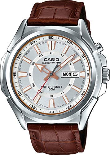 CASIO Men's Leather Band Illuminator Day Date Silver Dial Watch #MTP-E200L-7AVDF